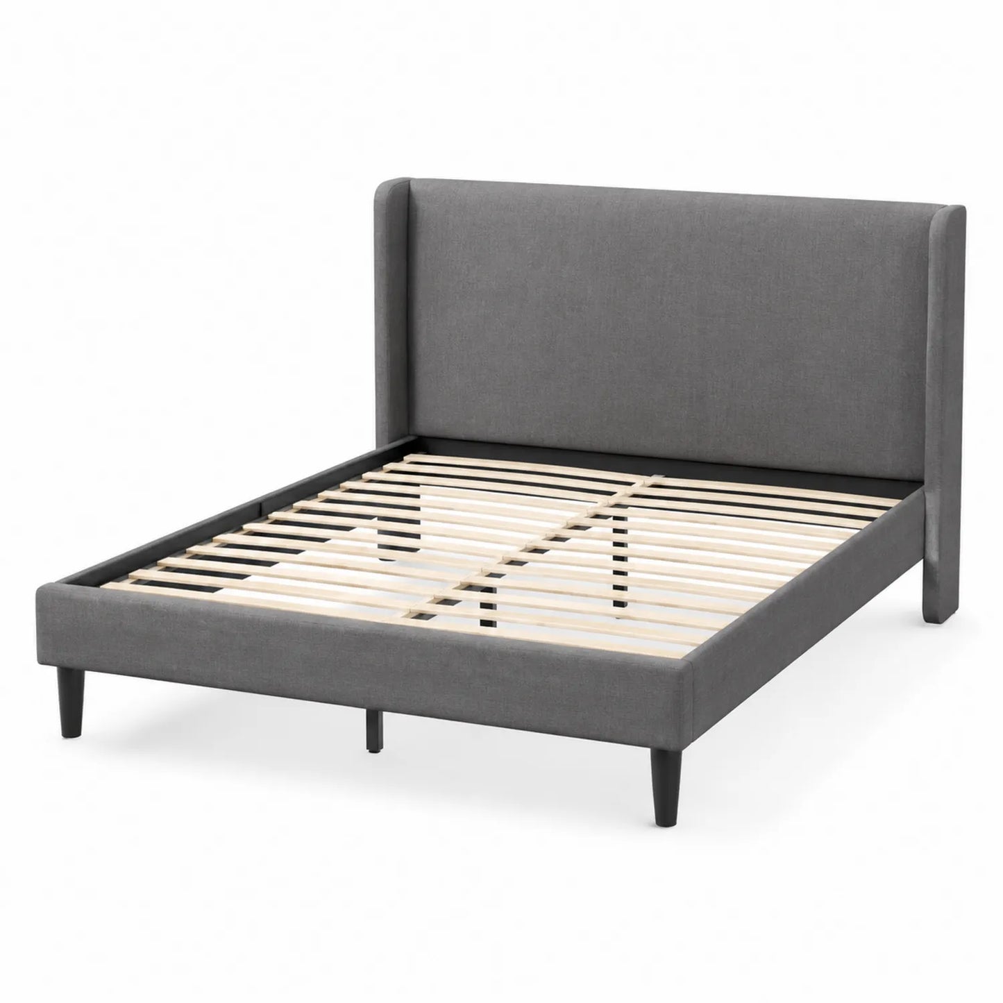 Lit double en tissu gris avec cadre métallique et lattes en bois