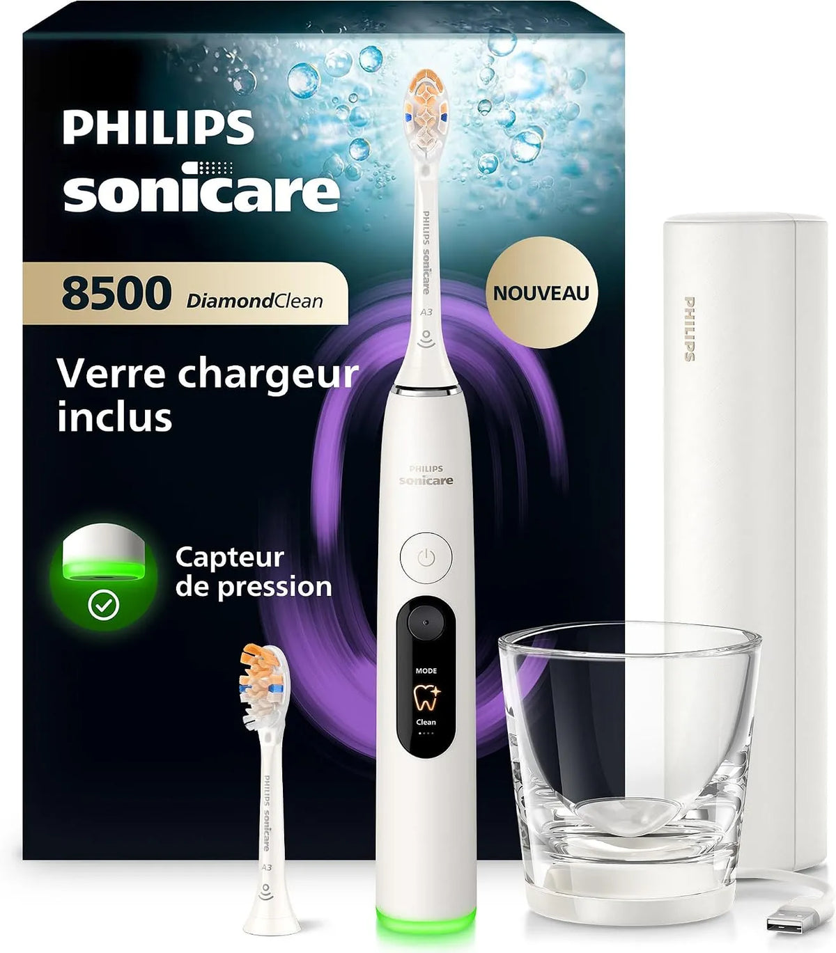 Philips HX8514/11 capteur, brosse, brosse à dents rechargeable, dalle IPS, blanc