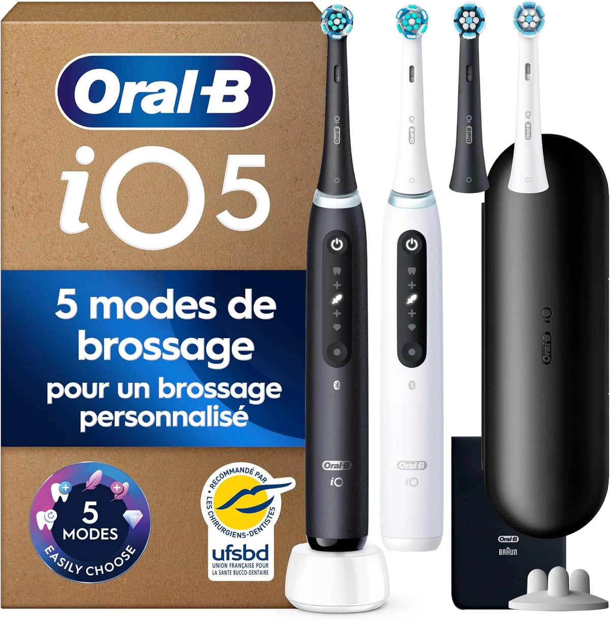 Noire et Blanche, 4 Brossettes, Oral-B Brosses à Dents Electriques iO 5 Duo