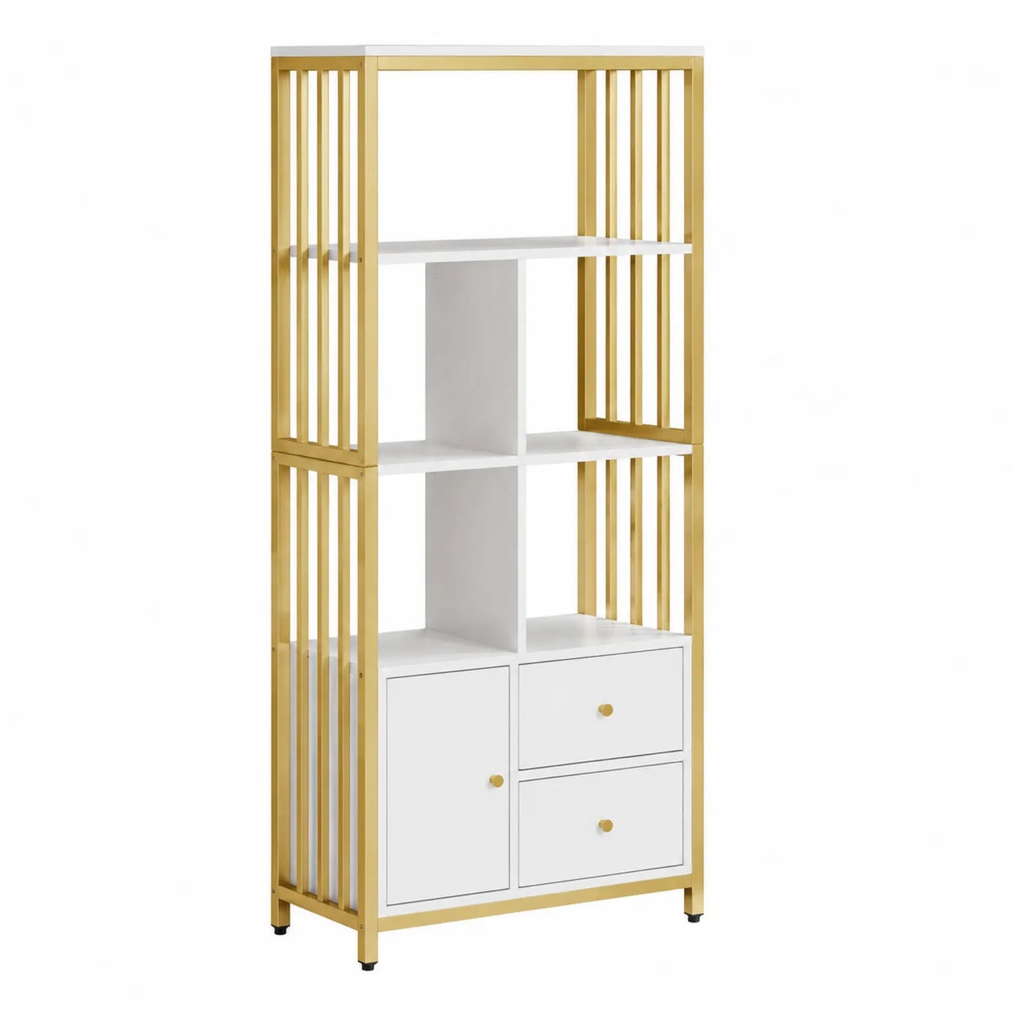 Étagère en métal doré et MDF blanc avec tiroirs