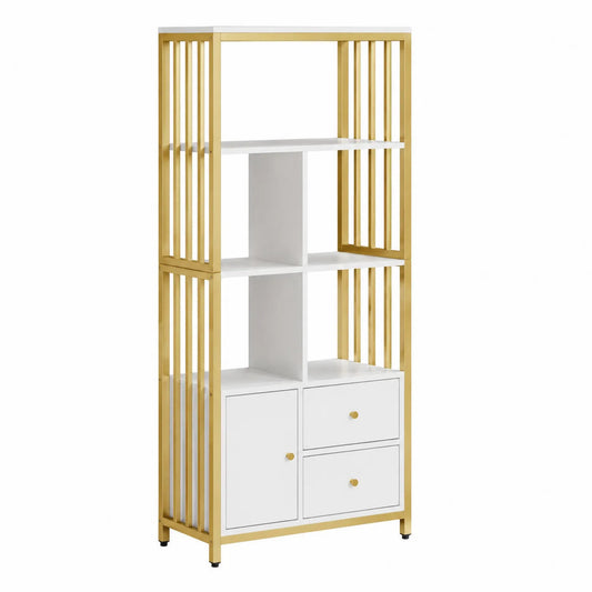 Étagère en métal doré et MDF blanc avec tiroirs