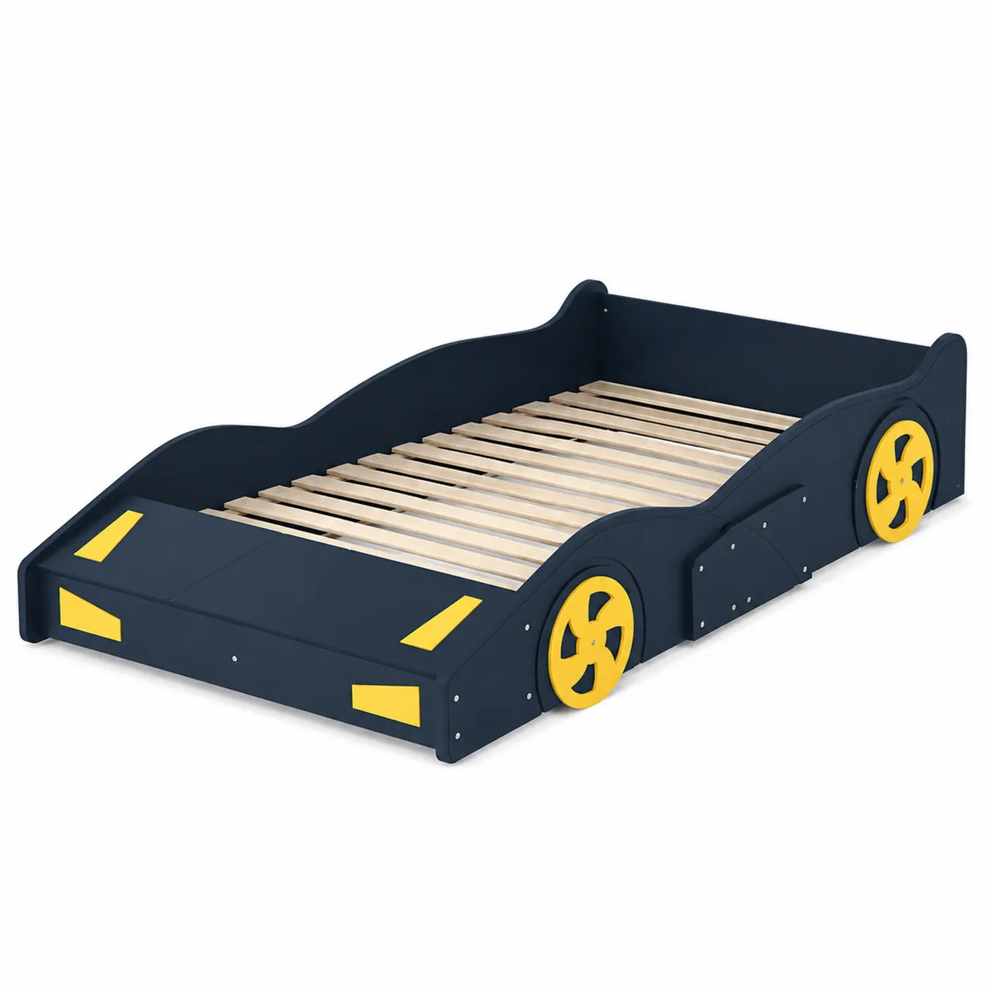 Lit pour enfant en bois en forme de voiture, Bleu foncé et Jaune, 90x200 cm