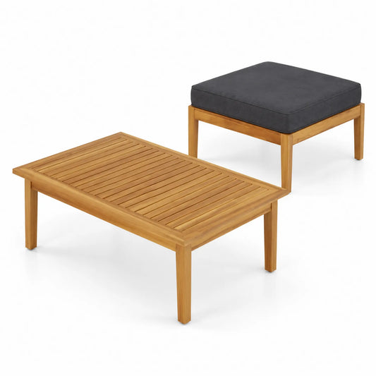 Ensemble Table Basse et Repose-pieds en Bois d'Acacia et Coussin Gris