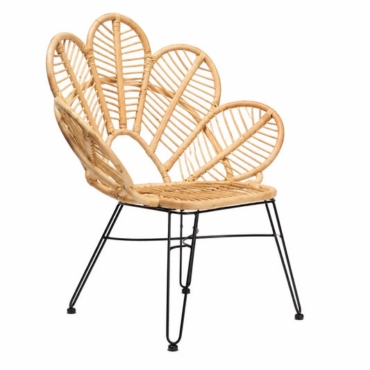 Chaise en rotin naturel et métal noir en forme de fleur
