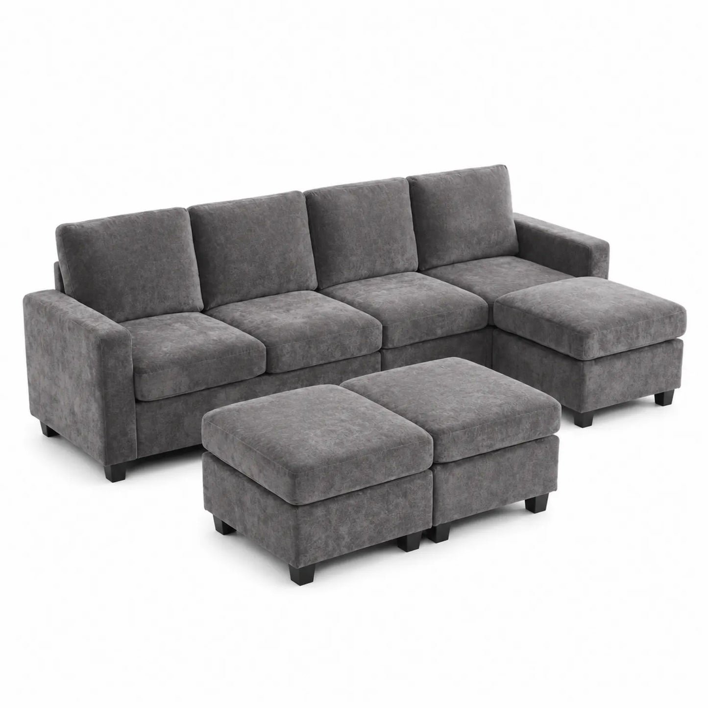 Canapé d'angle modulaire en tissu chenille gris avec repose-pieds