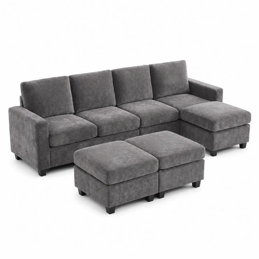Canapé d'angle modulaire en tissu chenille gris avec repose-pieds