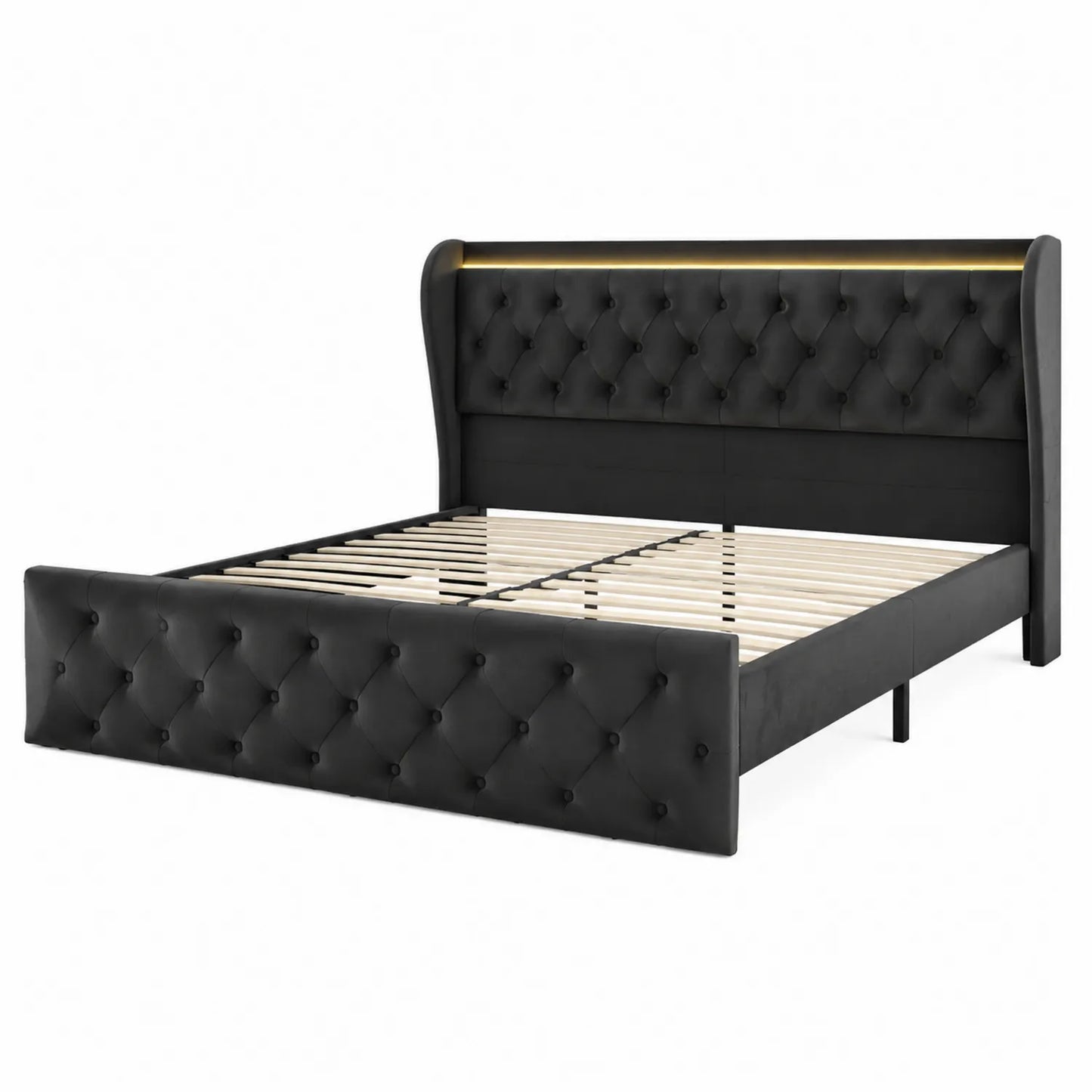 Lit double en velours et bois avec LED 160x200 cm