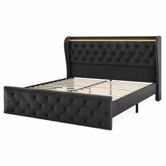 Lit double en velours et bois avec LED 160x200 cm