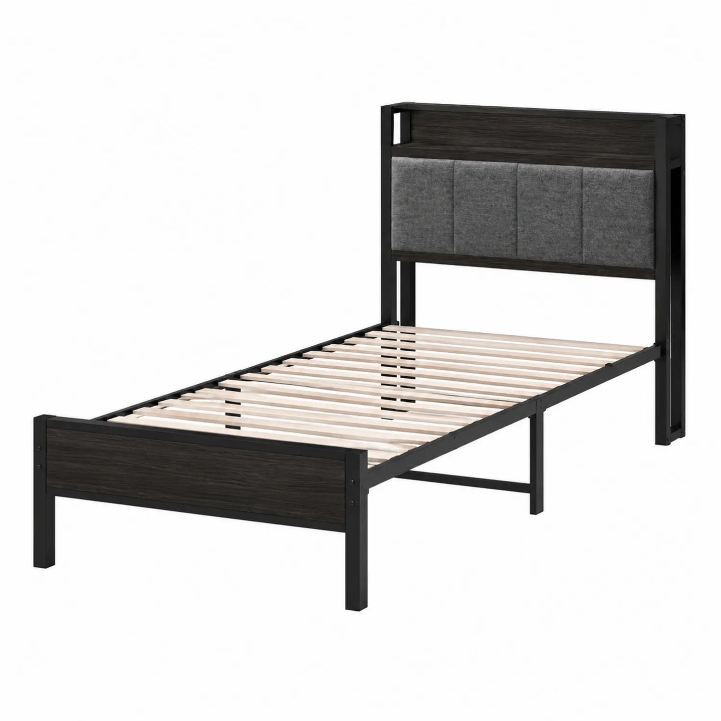 Lit simple en métal noir avec tête de lit rembourrée en tissu gris
