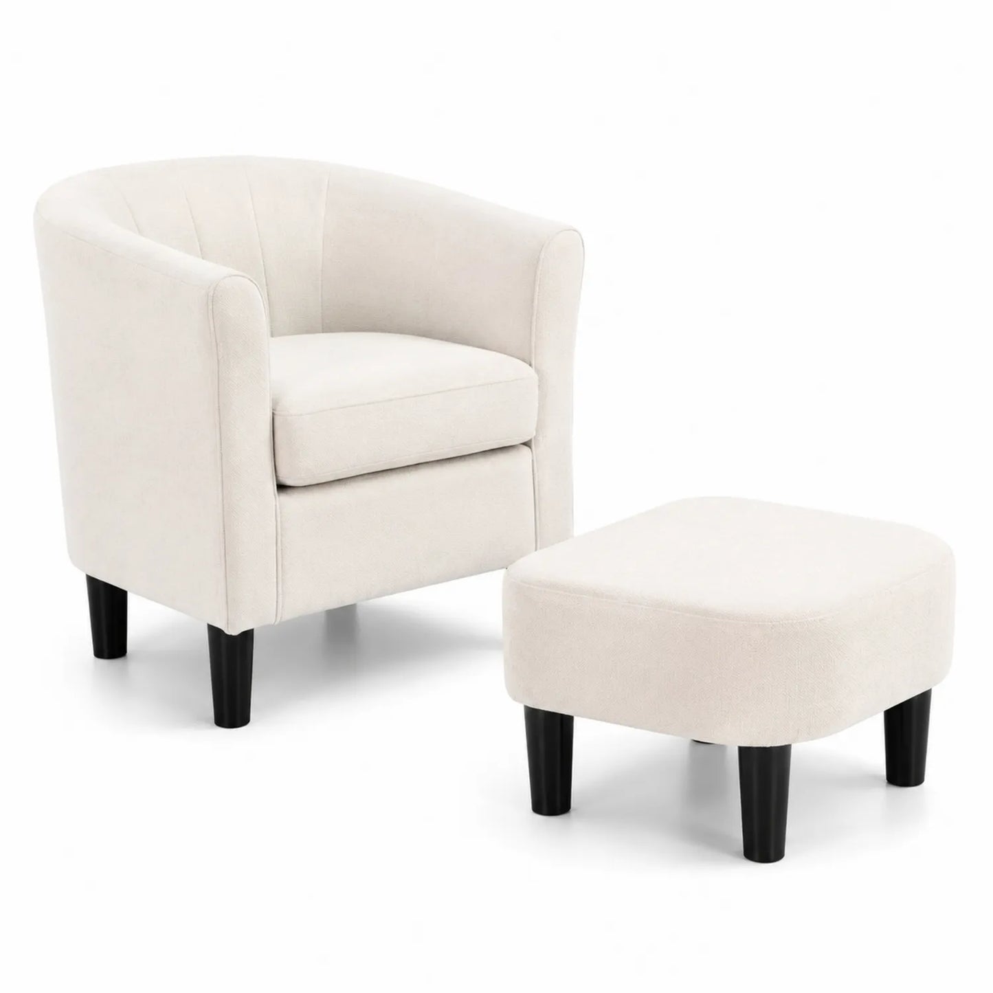 Fauteuil et Repose-pieds en Bois et Tissu Crème