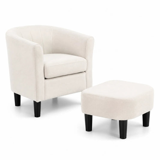 Fauteuil et Repose-pieds en Bois et Tissu Crème