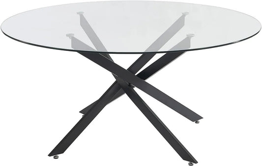 Vente-unique-Table, noir, verre, Vente-unique-Table à Manger Ronde 6 Personnes en Verre trempé et métal Noir