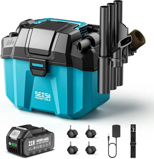Aspirateur, 10 L, 4 Roues et Accessoires, appareil électrique d'aspiration, Seesii Aspirateur Eau et Poussière Batterie 4000 mAh