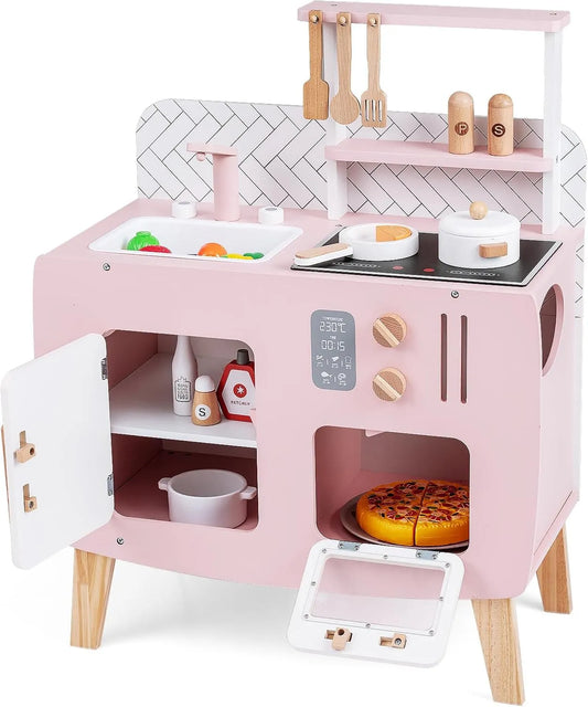 Cuisinière avec four, pour Garçons Filles 3+ Ans, GOPLUS Cuisine Enfant, Cuisine en Bois Enfant avec Four, Évier, Robinet et Ustensiles de Jeu