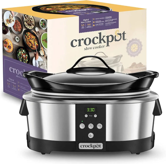 SCCPBPP605 Crockpot Mijoteuse électrique programmable, minuterie numérique, 5,7L, 5-6 personnes, Inox, Argenté, 5,7 L
