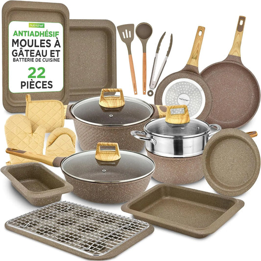 Ustensile de cuisson, compatible induction, NutriChef Batterie de Cuisine 22 Pièces Marbre Marron