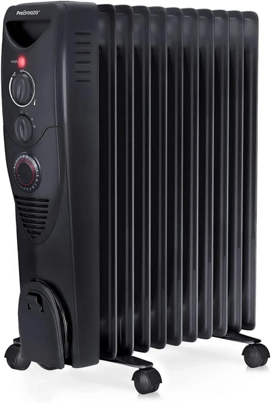 Radiateur électrique, 2500 W, portable, minuteur, thermostat, 3 niveaux, noir, 11 éléments, Thermostat réglable, 3 niveaux de chaleur