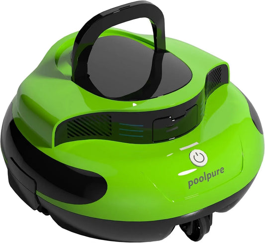 Aspirateur, POOLPURE IPX8, roulettes de déplacement, vert, pour Piscine Plate Max 90㎡, Indicateurs LED, 5000 mAh, Autonomie