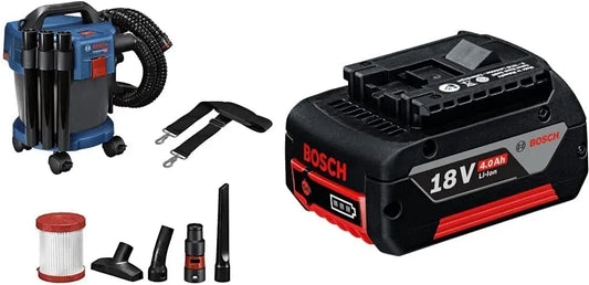 Bosch GAS 18V 18V-10 Aspirateur, 10 L, 18 V, noir, & GBA Batterie Lithium-Ion CoolPack 18 V 4,0 Ah, flexible de 1, set de 3 tubes, 1.6 m