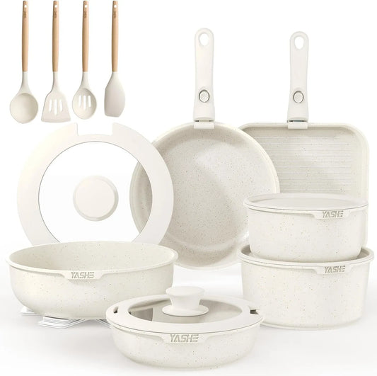 Batterie, batterie de casseroles et poêles, 21 Pièces, blanc, Cuisine Induction Antiadhésive, YASHE