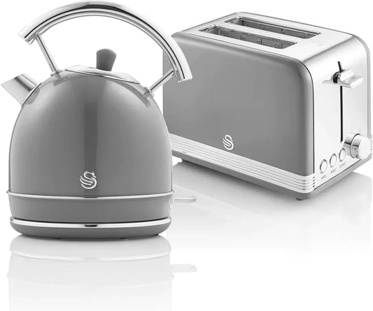Bouilloire électrique, 1,8 L, gril, acier inoxydable, gris, Grille-Pain à Fente Large 2 Tranches, Régulateur de Grillage 6 Niveaux