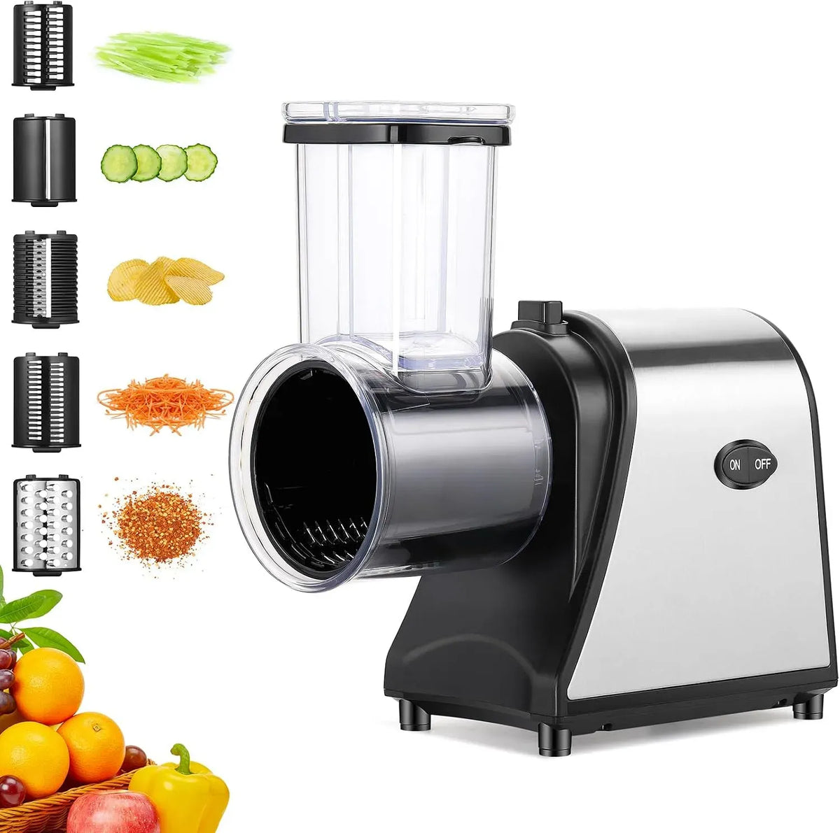 Acier Inox, Grande Ouverture, Coupe-Légumes Électrique 5 en 1 250W, Râpe multifonction et 5 lames, Idéal pour trancher facilement vos légumes, pommes